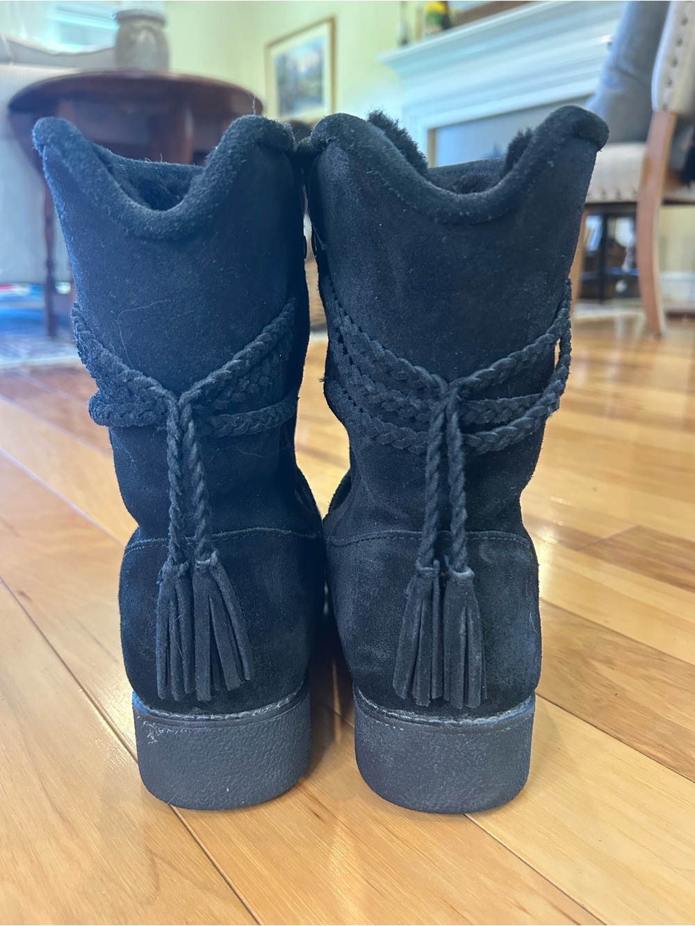 Abeo Blaine Women’s Black Winter Suede Mid-Calf Boots with Braided Tassel Detail - Picture 4 of 10